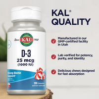 Thumbnail for KAL Vitamin D-3 1000 IU Chewable | Peppermint Flavor | Healthy Immune Function & Bone Support | 200 Chews, 200 Serv
