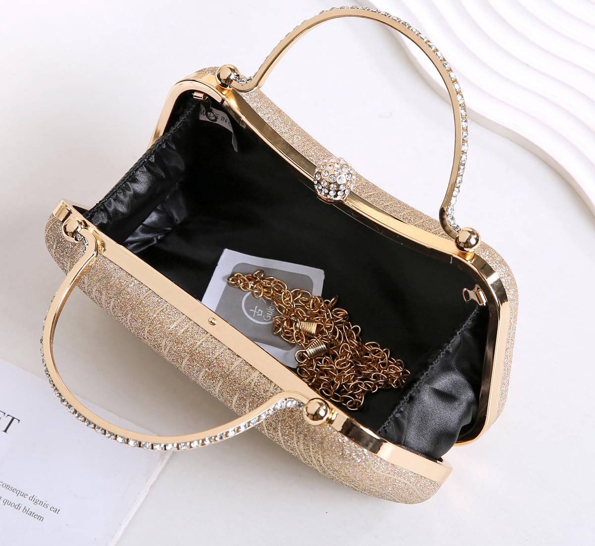 Covelin Evening Bag Sparkling Frosted Purses for Women Lady Shiny Party Elegant Handbag Wedding Bag with Chain Gold