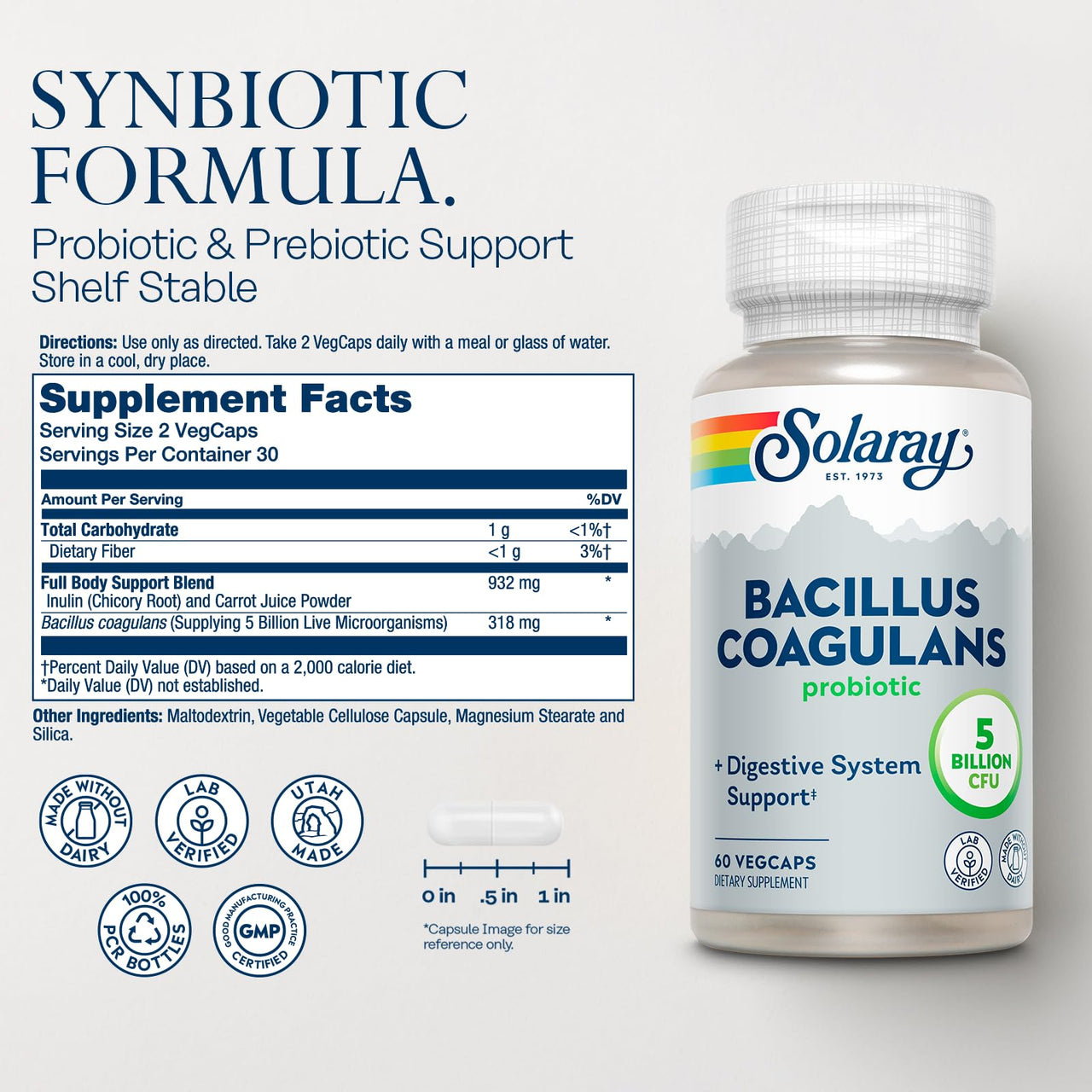 SOLARAY Bacillus Coagulans Probiotic - 5 Billion Live Microorganisms - Digestion and Gut Health Support - Full Body Health Probiotics with Inulin Prebiotic Fiber, 60-Day Guarantee, 30 Serv, 60 VegCaps