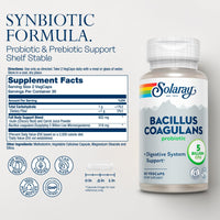 Thumbnail for SOLARAY Bacillus Coagulans Probiotic - 5 Billion Live Microorganisms - Digestion and Gut Health Support - Full Body Health Probiotics with Inulin Prebiotic Fiber, 60-Day Guarantee, 30 Serv, 60 VegCaps