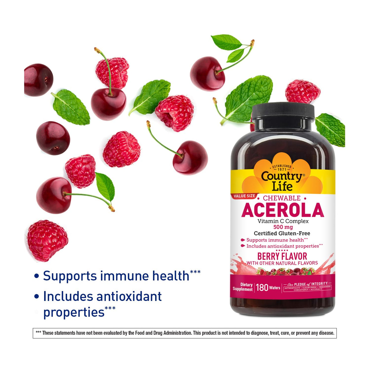 Country Life Acerola Vitamin C Complex, 500mg, Chewable Berry Flavored Wafers, Supports Immune Health, 180 Wafers, Certified Gluten Free by GFCO , Certified Vegan by AVA