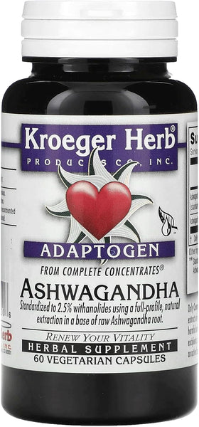 Kroeger Herbs, Ashwagandha Supplements for Stress and Mood Support, Herbal Adrenal Support Supplements for Men & Women, Pure Ashwagandha Root 450 mg, Non-GMO, Vegan, No Additives, Gluten Free