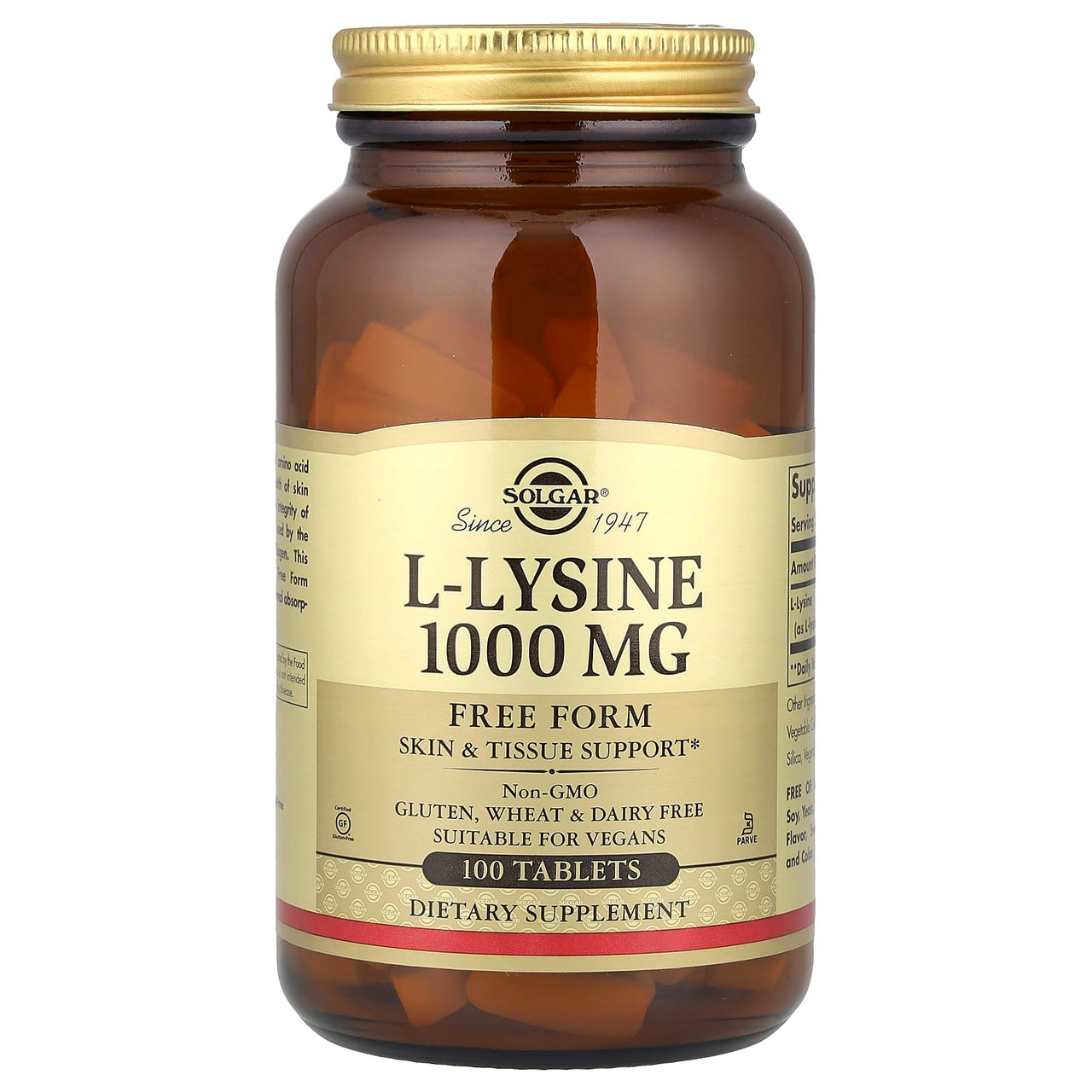 Solgar L-Lysine 1000 mg, 100 Tablets - Enhanced Absorption and Assimilation - Promotes Integrity of Skin and Lips - Collagen Support - Amino Acids - Non GMO, Vegan, Gluten Free - 100 Servings