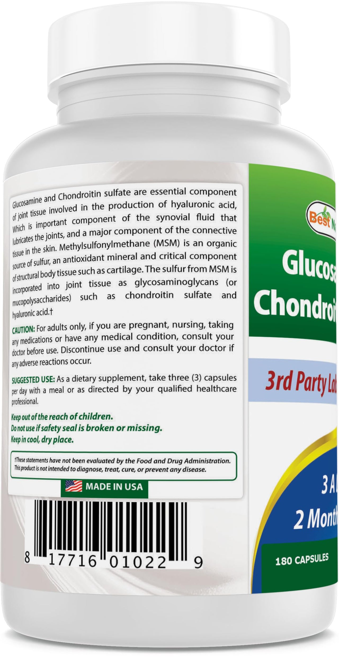 Best Naturals Glucosamine Chondroitin and MSM (Non-GMO) - Promotes Joint Health - 180 Count