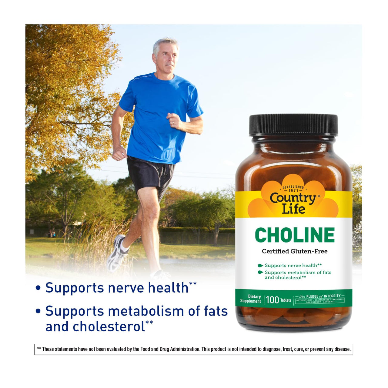 Country Life Choline 266mg, Certified Gluten Free, Vegan, Halal - 100 Tablets