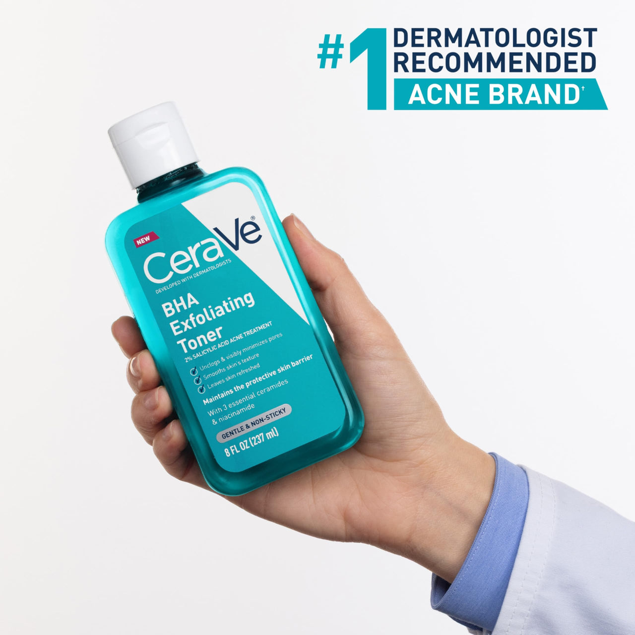CeraVe BHA Exfoliating Facial Toner for Pore Minimizing & Smoother Skin with Ceramides, 2% Salicylic Acid & Niacinamide, Oil Control, Anti-Acne, Fragrance-Free, Safe for Sensitive Skin, 8oz
