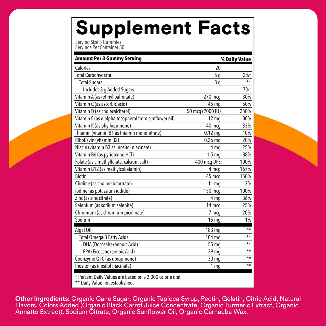 SmartyPants Women's Multivitamin Gummies, Omega 3 (DHA/EPA), Methylfolate, CoQ10, Vitamin D3, C, Vitamin B12, B6, A, K & Zinc, Inositol, Gluten Free, 90 Count (30 Day Supply)
