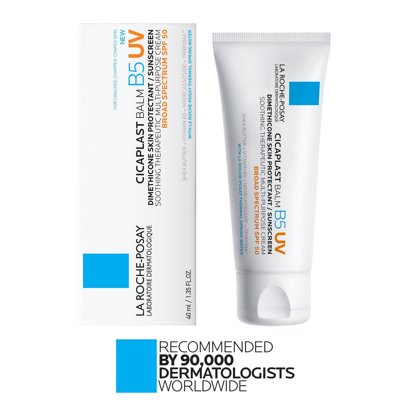 La Roche Posay Cicaplast Balm B5 UV SPF 50, Vitamin B5 + Shea Butter + Tribioma + Madecassoside + Zinc Oxide Sunscreen, Post Treatment Skin Protectant With SPF, Multi-Purpose Cream For Dry Skin