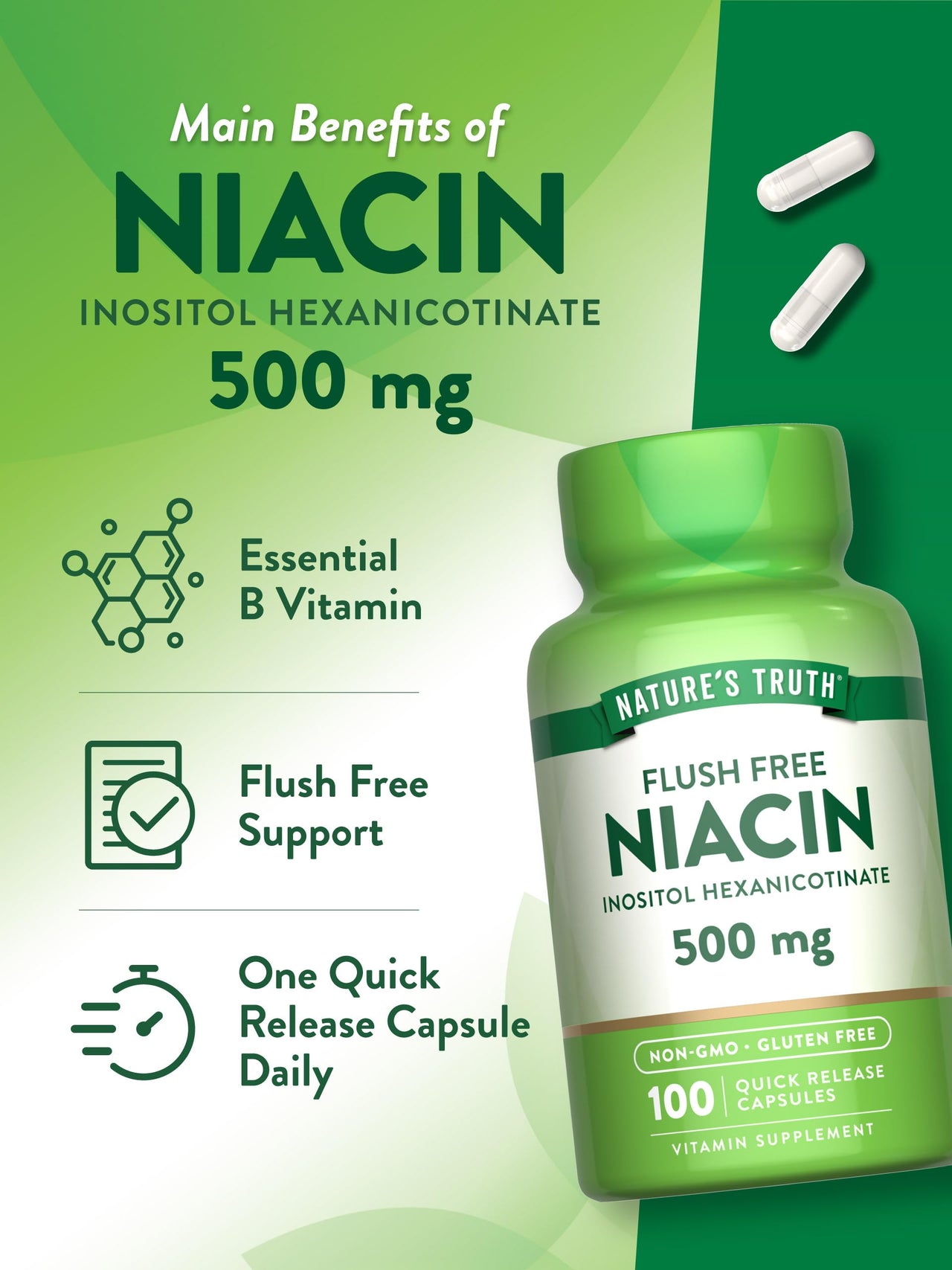 Nature's Truth Flush Free Niacin | 500mg | 100 Capsules | Non-GMO & Gluten Free Supplement
