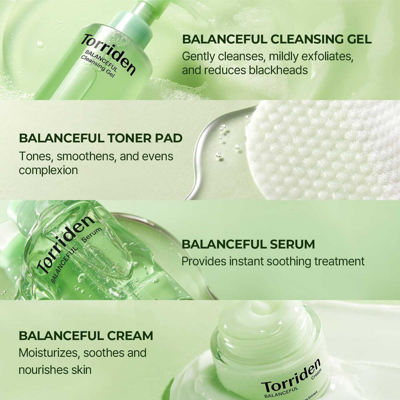Torriden BALANCEFUL Cica Trial Kit, 5D Cica Infused Daily Skincare Kit - 4 Step Regimen with Cleansing Gel, Toner Pad, Serum, and Cream | Korean Skin Care Set