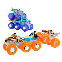 Thumbnail for Hot Wheels Monster Trucks Multipack, 1:64 Scale Mega-Wrex & Tiger Shark Toy Trucks with Big Rigs in Matching Power Smashers Deco