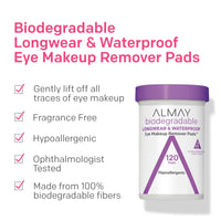 Thumbnail for Almay Biodegradable Makeup Remover Pads, Longwear & Waterproof, Hypoallergenic, Fragrance-Free, Dermatologist & Ophthalmologist Tested, 120 count