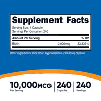 Thumbnail for Nutricost Biotin (Vitamin B7) 10,000mcg (10mg) Vitamin Supplement, 240 Capsules - Vegetarian, Gluten Free, Quick Release, Non-GMO