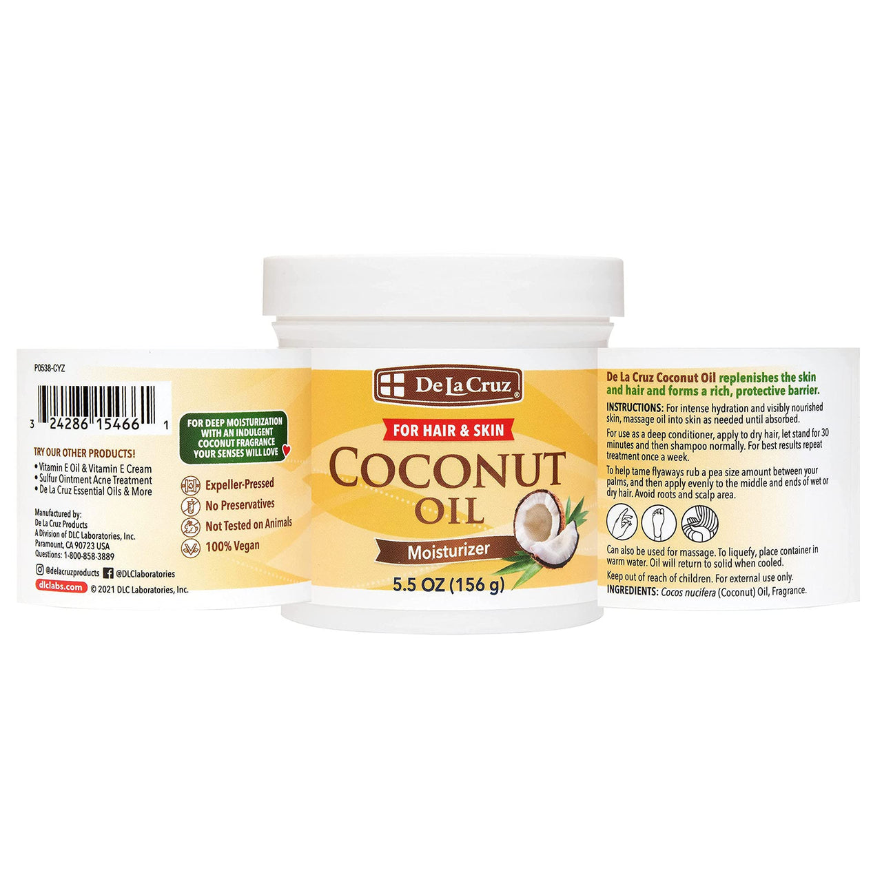 De La Cruz Coconut Oil - Expeller Pressed Coconut Oil for Skin and Hair - Natural Moisturizer for Skin and Hair Jumbo Jar - 5.5 oz