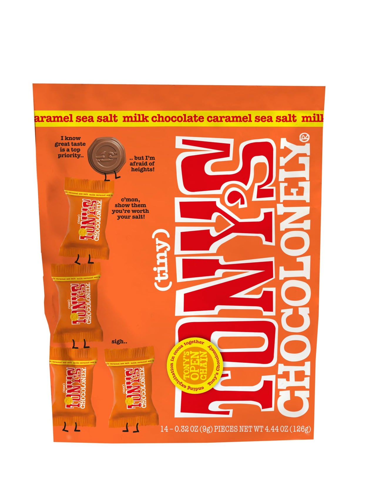 Tony's Chocolonely Milk Chocolate with Caramel and Sea Salt - Belgium Chocolate, Fairtrade & B Corp Certified - 4.44 OZ (1 Pouch)