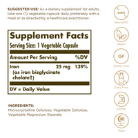 Thumbnail for Solgar Gentle Iron (Iron Bisglycinate) 25 mg - 180 Vegetable Capsules - Non-Constipating, Gentle on Your Stomach - Non-GMO, Gluten Free - 180 Servings