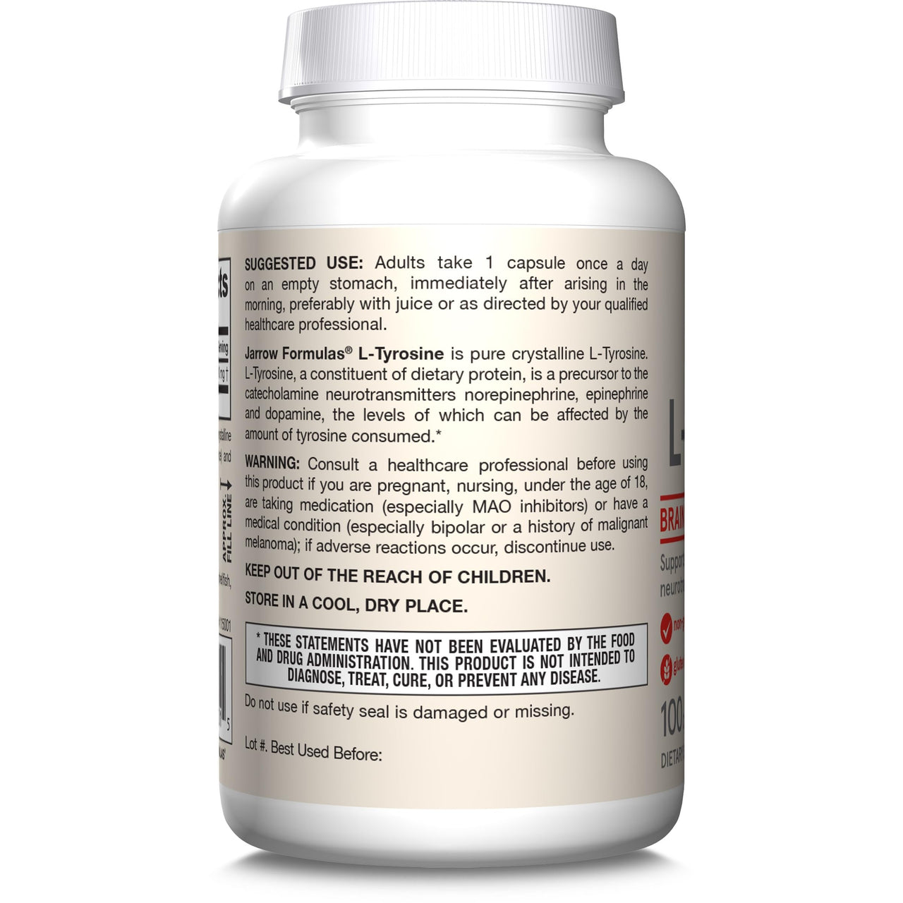 Jarrow Formulas® L-Tyrosine 500 mg, Dietary Supplement, Amino Acid Supplement for Brain Health Support, 100 Capsules, 100 Day Supply