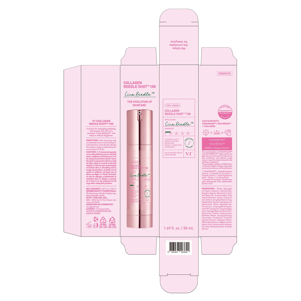 VT COSMETICS Collagen Reedle Shot 100, Collagen Microneedling Serum, Firming & Elasticity, 500Da Collagen Extract, Soft & Glass Skin, Pink Collagen Serum, Korean Skin Booster 1.69Fl Oz(50ml)