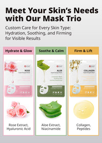 Thumbnail for SNP Supercharged Sheet Mask Set | Variety Sheet of 4-Collagen, 4-Aloe, 4-Rose Face Mask Sheet | Facial Mask for Hydrating and Moisturizing | Korean Skincare Gift Set | 12 Sheets