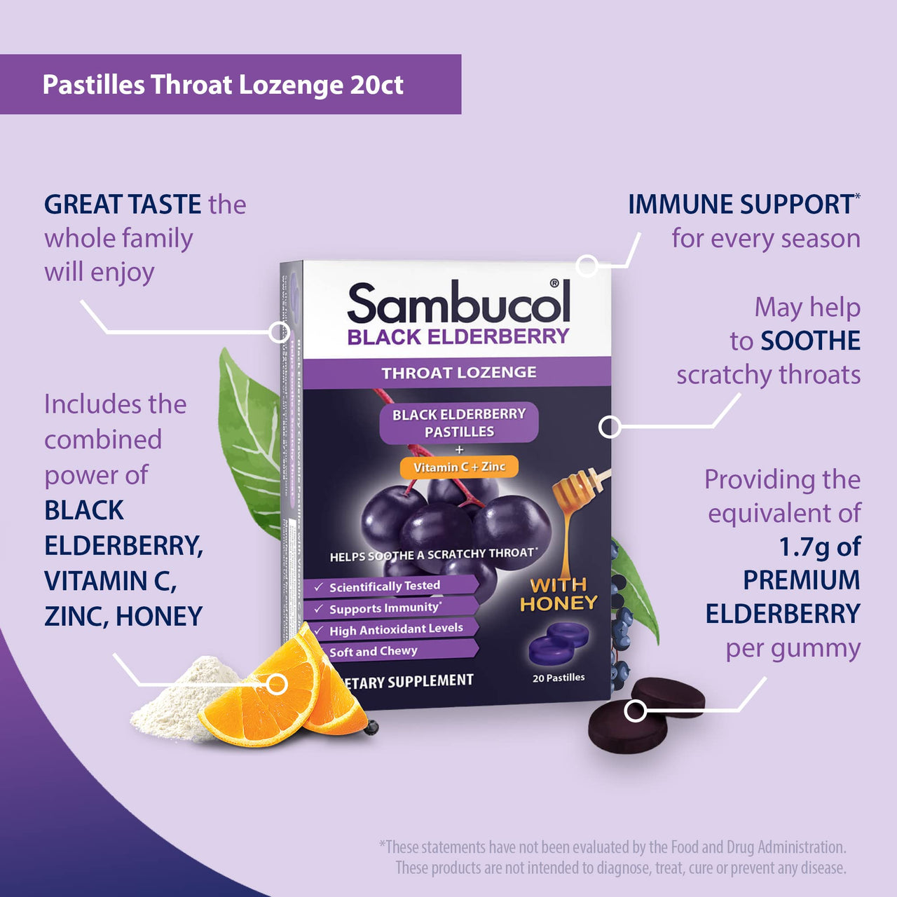 Sambucol Black Elderberry Throat Lozenge - Sore Throat Drops with Black Elderberry, Honey, Vitamin C & Zinc, Sore Throat Relief for Adults & Kids, Soothes Cough, Soft & Chewy - 20 Count