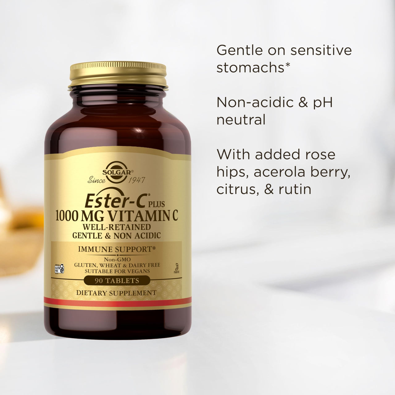 Solgar Ester-C Plus 1000 mg Vitamin C (Ascorbate Complex), 90 Tablets - Gentle On The Stomach & Non Acidic - Antioxidant & Immune System Support - Non GMO, Vegan, Gluten-Free, Kosher - 90 Servings