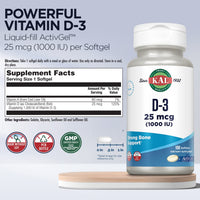 Thumbnail for KAL Vitamin D3 1000 IU Softgels (25 mcg), Active Form of Vitamin D, Calcium Absorption, Bone Health, Immune Support Supplement, Liquid Filled ActivGel, Made Without Soy, 100 Servings, 100 Softgels