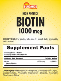 Thumbnail for Sundance High Potency Biotin 1,000 mcg Supplement | Essential B Vitamin Tablets | Vegetarian, Non-GMO & Gluten Free