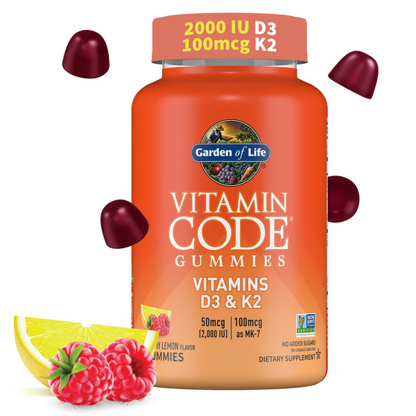 Garden of Life Vitamin Vitamin Code D3 + K2 Gummies with Prebiotics & Probiotics for Digestion, 2000 IU Vitamin D3 + 100 mcg K2 for Bone & Immune Health for Adults, 45 Raspberry Lemon Gummies