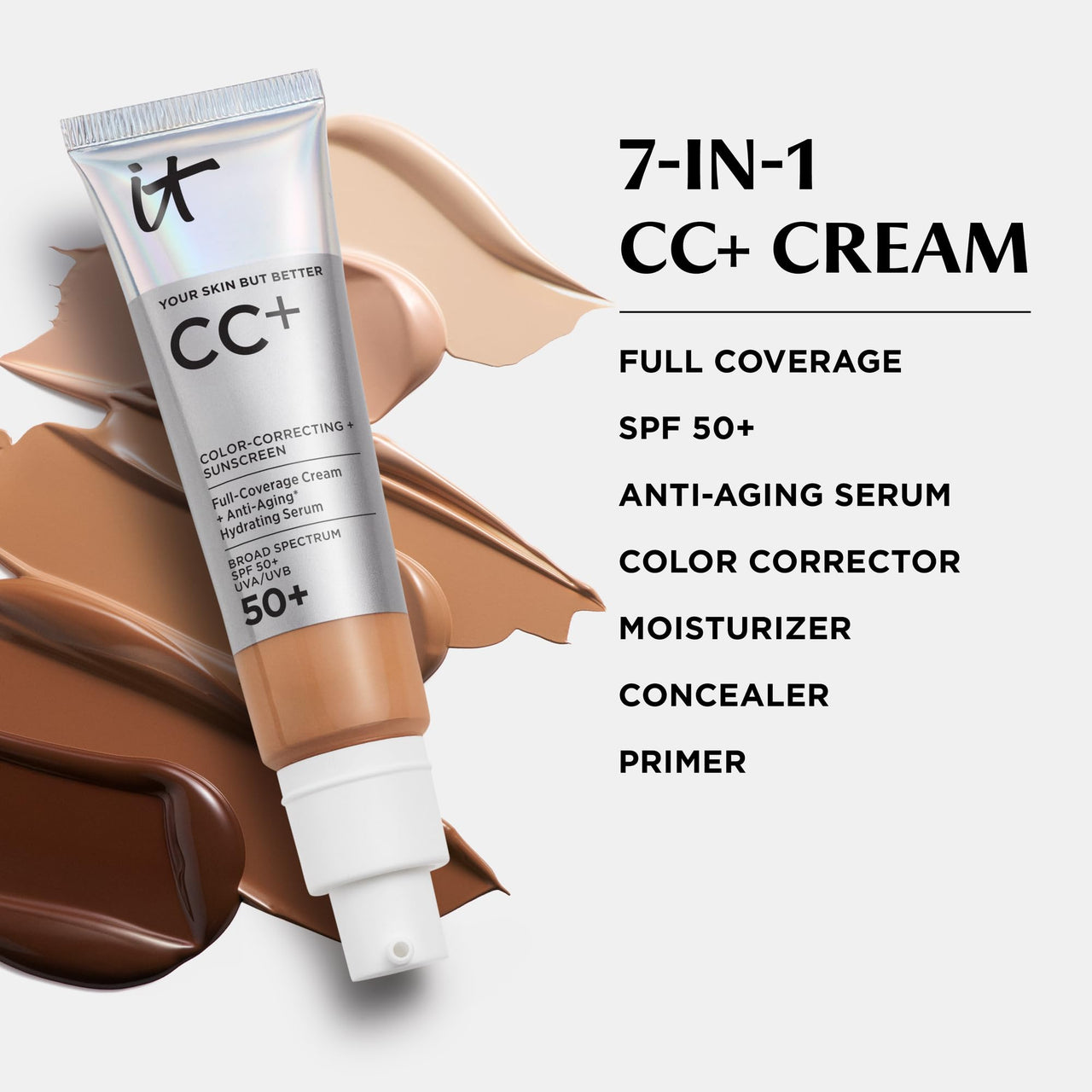 IT Cosmetics CC+ Cream (Light Medium) - Natural Full Coverage Foundation With SPF 50+, Color Corrector & Anti-Aging Hydrating Serum, Hyaluronic Acid + Peptides, Lightweight - 1.08 fl oz