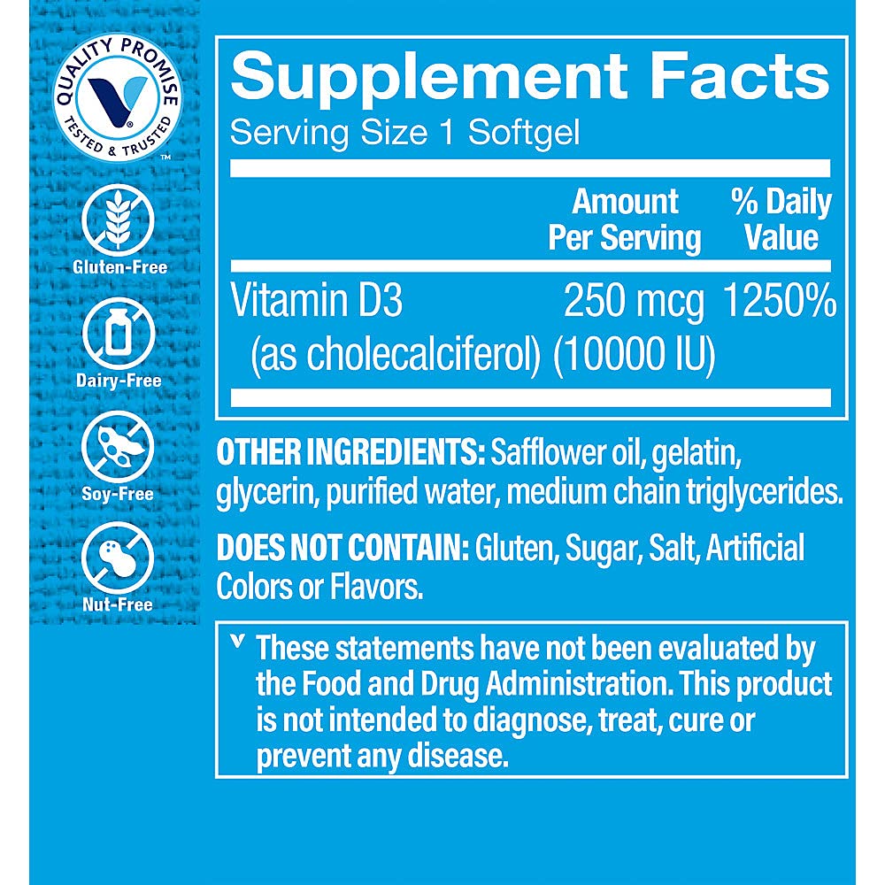 The Vitamin Shoppe Vitamin D3 10,000 IU - Bone Health, Immune Function & Calcium Absorption Support, Daily Vitamin (100 Softgels)