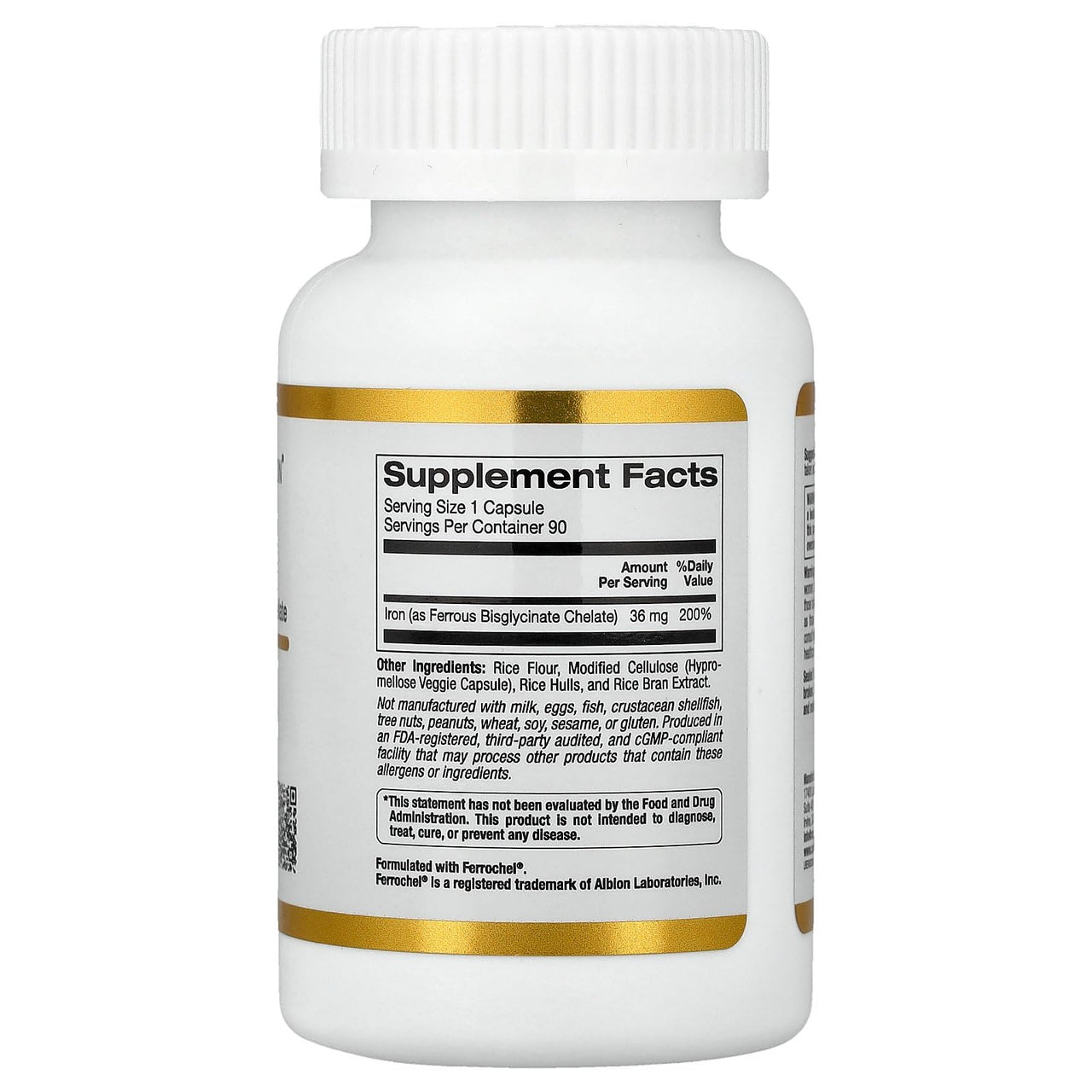 Ferrochel Iron, Ferrous Bisglycinate Chelate Form, Gentle on The Stomach, 36 mg, 90 Veggie Capsules