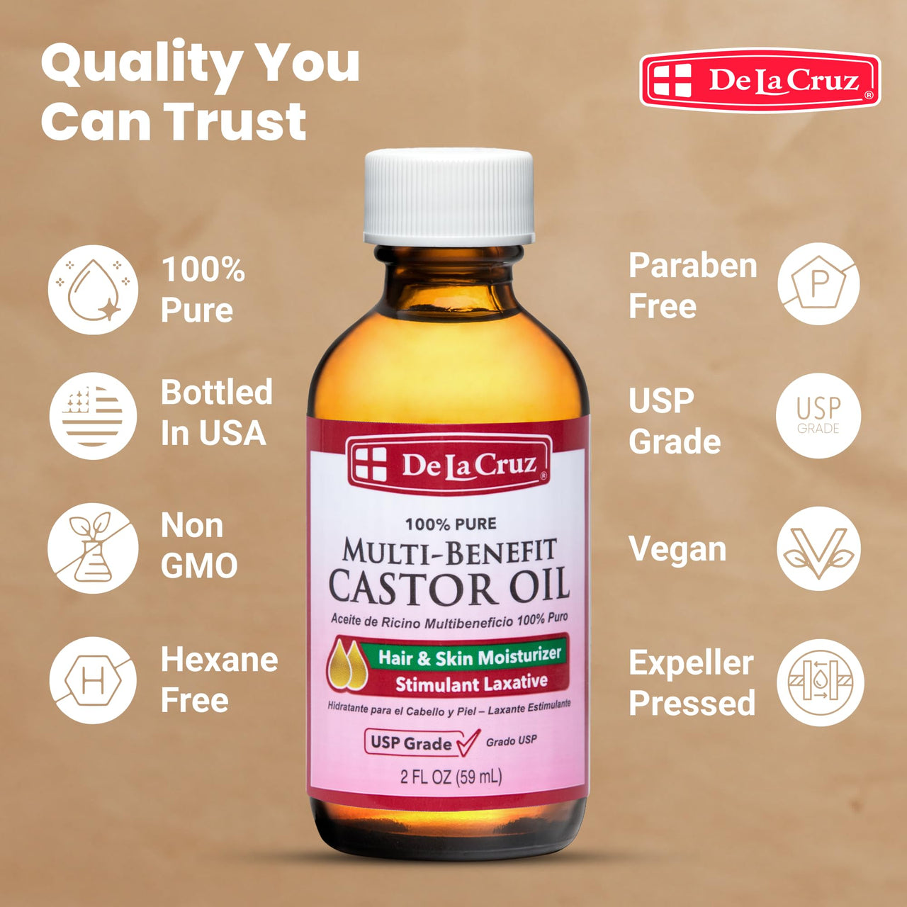 De La Cruz Castor Oil - 100% Pure Castor Oil for Hair, Skin, Eyelashes, and Eyebrows - USP Grade, 2 FL Oz (3 Glass Bottles)