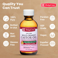 Thumbnail for De La Cruz Castor Oil - 100% Pure Castor Oil for Hair, Skin, Eyelashes, and Eyebrows - USP Grade, 2 FL OZ (6 Glass Bottles)