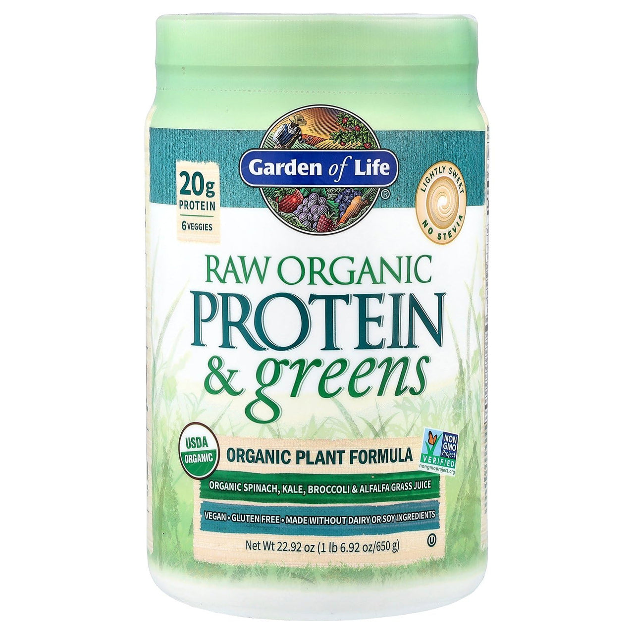 Garden of Life Raw Organic Protein & Greens Lightly Sweet, Vegan Protein Powder for Women and Men, Plant and Pea Protein, Greens, Probiotics, Gluten Free Low Carb Shake Made Without Dairy 20 Servings