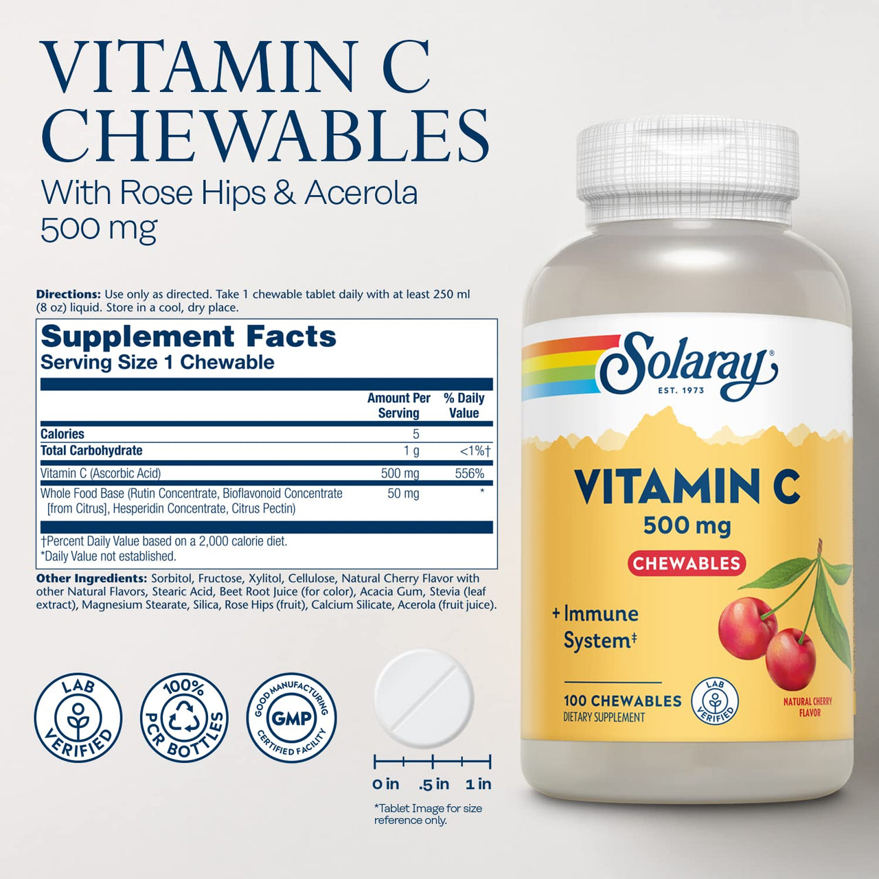 SOLARAY Chewable Vitamin C 500 mg, Natural Cherry Flavor with Natural Sweeteners, Antioxidant and Immune Support Supplement with Whole Food Base, 60-Day Guarantee, 100 Servings, 100 Chewables