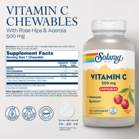 Thumbnail for SOLARAY Chewable Vitamin C 500 mg, Natural Cherry Flavor with Natural Sweeteners, Antioxidant and Immune Support Supplement with Whole Food Base, 60-Day Guarantee, 100 Servings, 100 Chewables