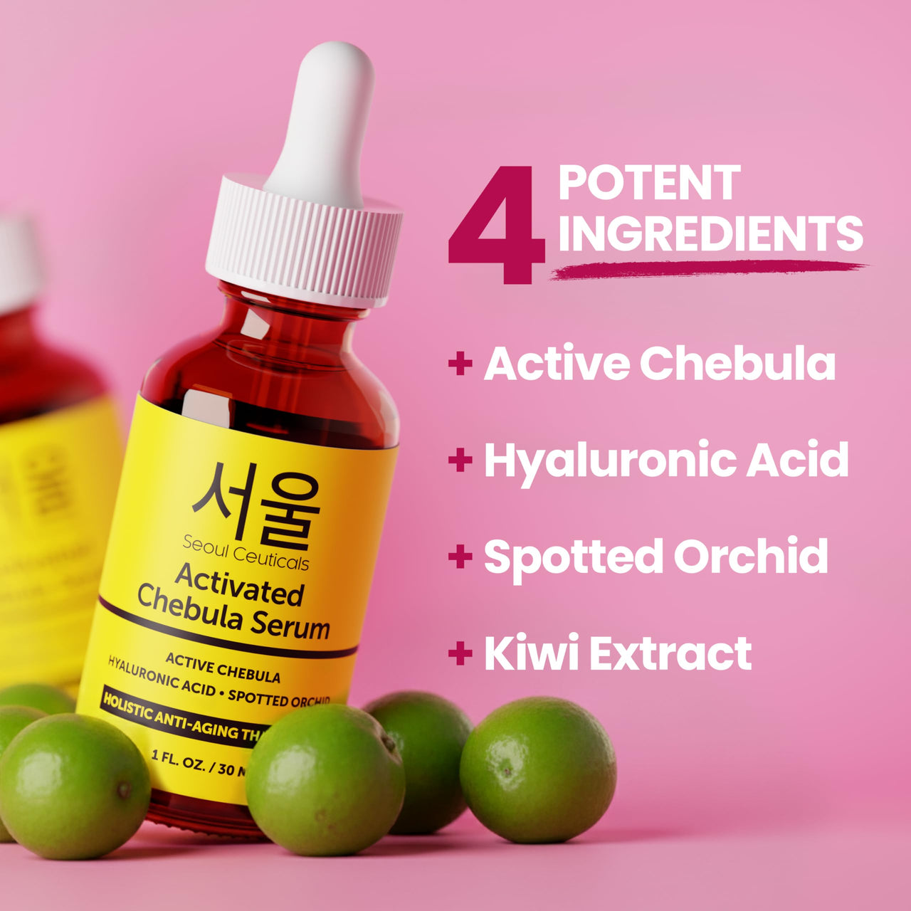 SeoulCeuticals Chebula Active Serum for Face - Korean Skin Care Anti Aging Natural K Beauty Skincare With Hyaluronic Acid + Spotted Orchid for Healthy, Youthful Glowing Skin 1oz