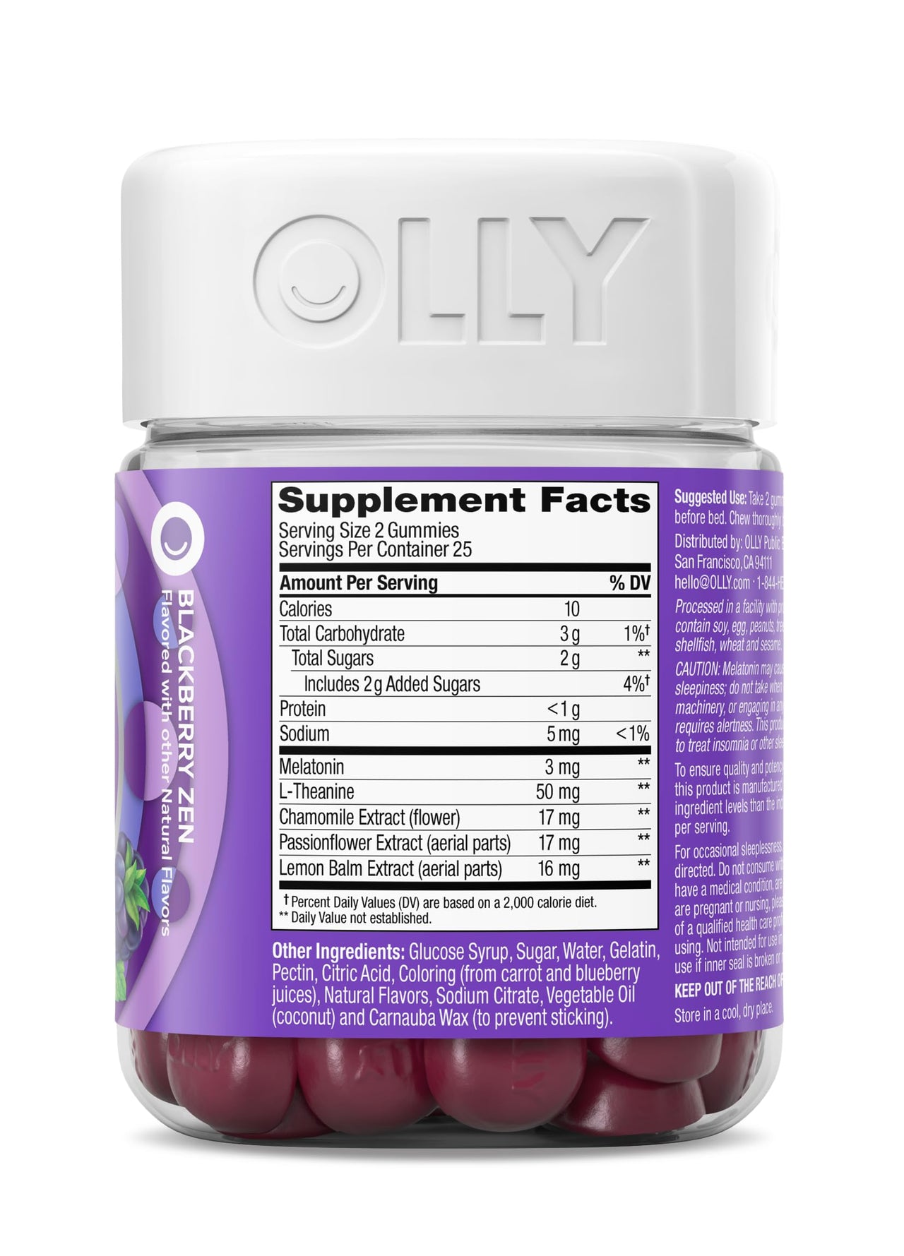 OLLY Restful Sleep Gummy Supplement with Melatonin & L-Theanine Chamomile, Blackberry Zen, 50 Gummies (25 Day Supply) Supports a Healthy Sleep Cycle* (Packaging May Vary)