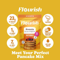 Thumbnail for Flourish Protein Pancake & Waffle Mix, with Whey Protein & Flax Seed, No Added Sugar, High in Protein & Fiber - Just Add Water - Buttermilk Flavour, 16 oz (2 Pack)