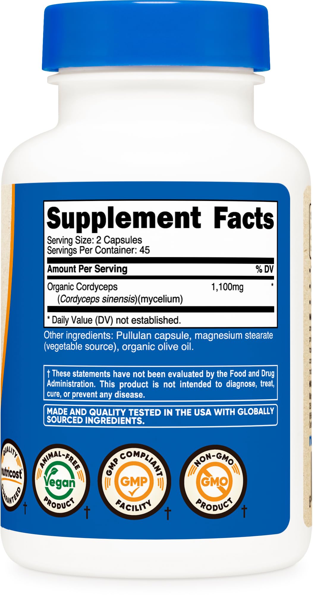 Nutricost Cordyceps Mushroom Capsules 1100mg, 45 Serv - CCOF Certified Made with Organic, Vegetarian, Gluten Free, 550mg Per Capsule (90 Capsules)
