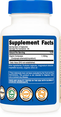Thumbnail for Nutricost Cordyceps Mushroom Capsules 1100mg, 45 Serv - CCOF Certified Made with Organic, Vegetarian, Gluten Free, 550mg Per Capsule (90 Capsules)