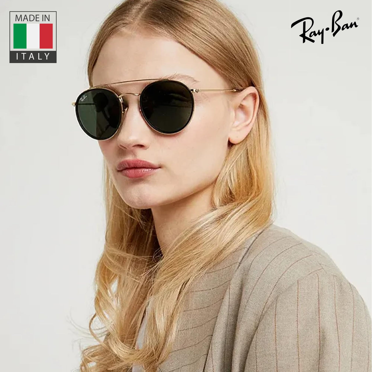 Ray-Ban RB3647N ROUND DOUBLE BRIDGE Round Shaped Non-Polarized Sunglasses for Men & Women – Includes Official RAYBAN Eyewear Kit – Ideal Formal & Casual Wear Sunglasses – G-15 Green Lens