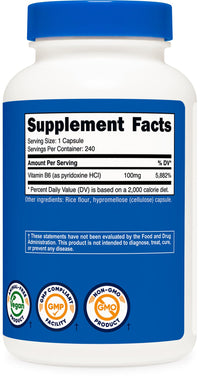 Thumbnail for Nutricost Vitamin B6 (Pyridoxine HCl) 100mg, 240 Capsules