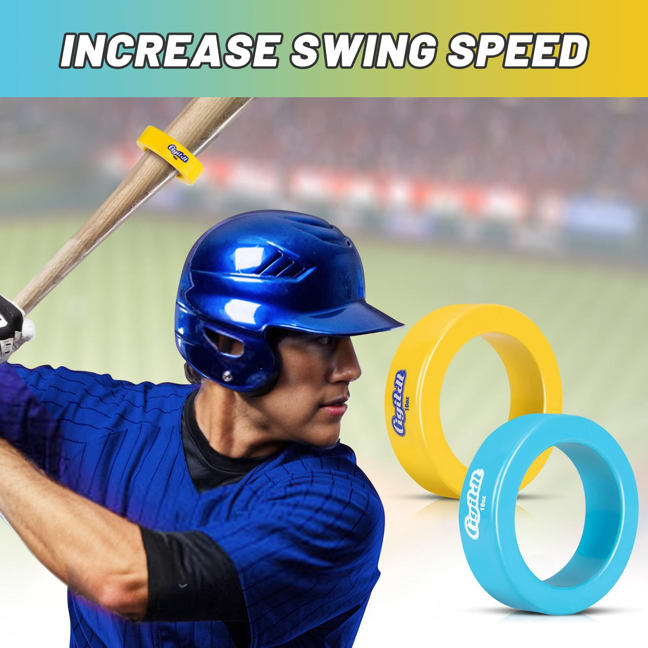 CIGITDT 2 Pack Baseball and Softball Bat Weights - 16 oz Baseball Donuts for Adult + Youth Baseball Accessories- Fits All Standard Bats-Yellow & Blue