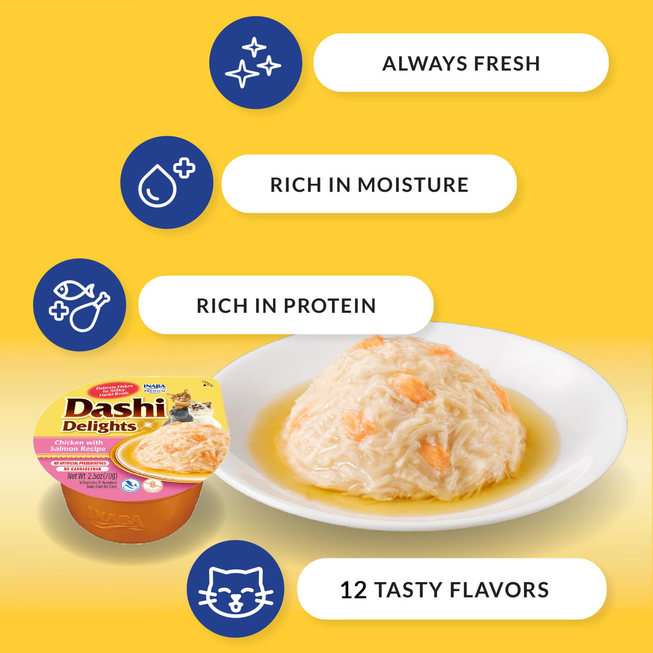INABA Dashi Delights for Cats, Shredded Chicken Side Dish with Bonito Flake Broth, Cat Food Complement with Taurine & Green Tea Extract, 2.5 Ounce Cup, 6 Cups Total, Chicken with Salmon Recipe