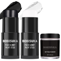 Thumbnail for BOBISUKA Black White Face Paint Stick with Setting Powder Set, Eye Black Sticks for Sports, Body Paints for Clown Skeleton Vampire Skull Cosplay Special Effects Costume SFX Halloween Makeup Kit