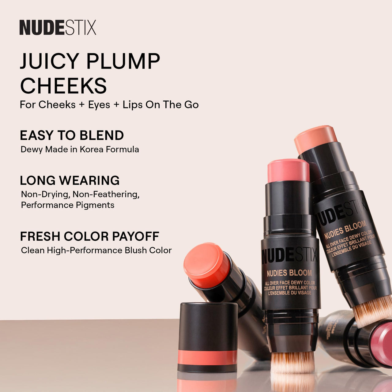 Nudestix Nudies Bloom All Over Dewy Color – 3-in-1 Cream Blush Stick for Cheeks, Eyes & Lips with Built-In Brush | Sheer, Glossy Finish | Vegan, Long-Wear, Multi-Use Makeup (Bohemian Rose)