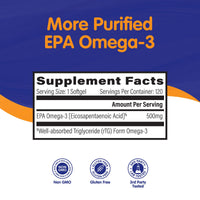 Thumbnail for OmegaVia EPA 500, Purified Omega-3 Fish Oil Supplement, 500 mg EPA in Triglyceride Form, Burpless Fish Oil, Non-GMO, Gluten-Free, IFOS 5-Star, 120 Softgels