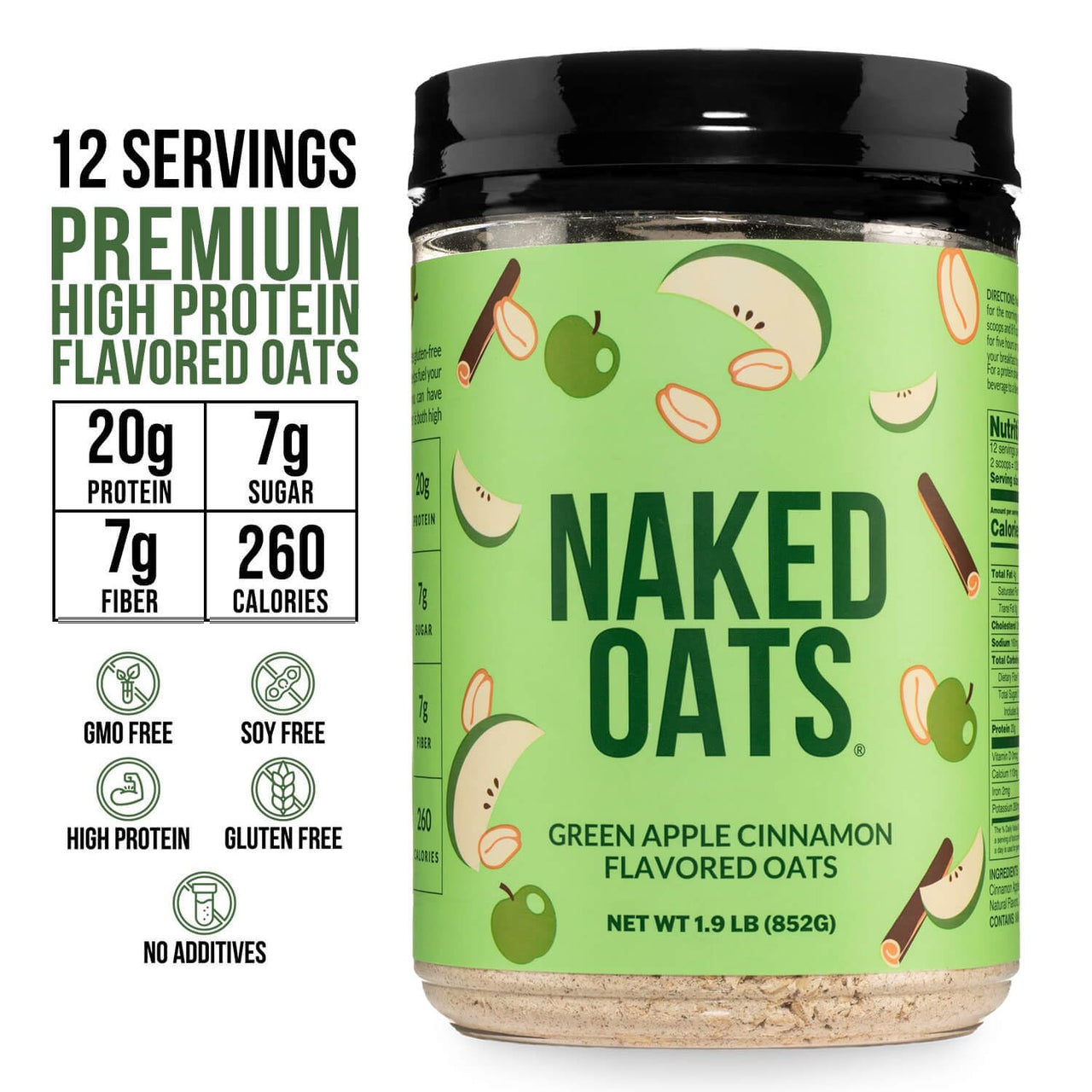 Naked Oats - Apple Cinnamon Overnight Oats, 20g Whey Protein, Gluten-Free Oatmeal Instant Breakfast or Shake, High Protein Oatmeal, High Fiber Breakfast Shake, Non GMO, No Soy - 12 Servings