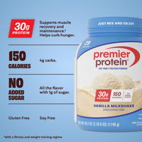Thumbnail for Premier Protein Powder, Vanilla Milkshake, 30g Protein, 1g Sugar, Gluten Free, No Soy, 40.2 oz (29 Servings)